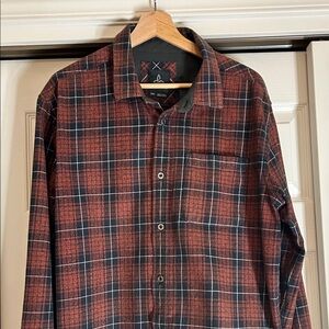Prana Men's Red and Black Woodman Flannel Shirt Size Large